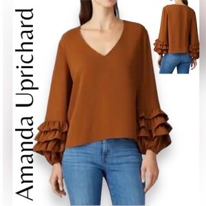 Amanda Uprichard Hazelnut Wheatley New York Women's Brown‎ Ruffle Blouse Size XL